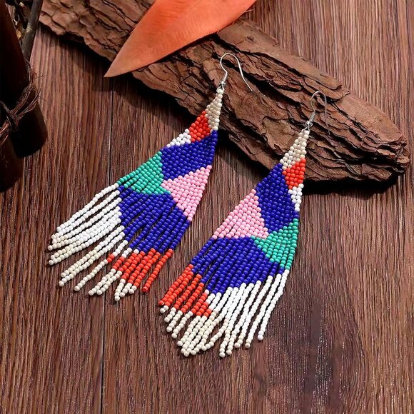 Long Beaded Drop Dangle Earrings Boho Native Handmade Seed Bead Tassel Earrings - Picture 6 of 6